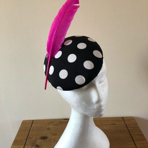 Black and white polkadot pillbox hat with different colour feathers.Polkadot fascinator.Spotty headpiece.Spotty fascinator.Wedding guest hat image 5