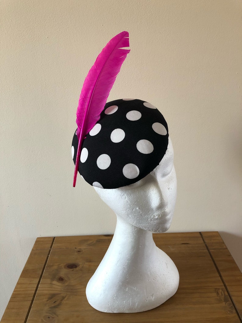 Black and white polkadot pillbox hat with different colour feathers.Polkadot fascinator.Spotty headpiece.Spotty fascinator.Wedding guest hat image 5