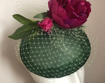 Green Sinamay pillbox hat with magenta flower and light green veiling detail. Hatinator,Royal Ascot hat, Fascinator