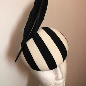 Black and Champagne cream striped pillbox hat with feather.Stripe occasion Hat.Striped fascinator.headpiece.Ascot hat.Hatinator.