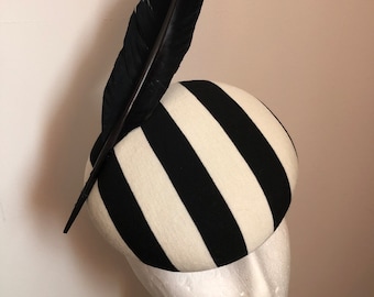 Black and Champagne cream striped pillbox hat with feather.Stripe occasion Hat.Striped fascinator.headpiece.Ascot hat.Hatinator.