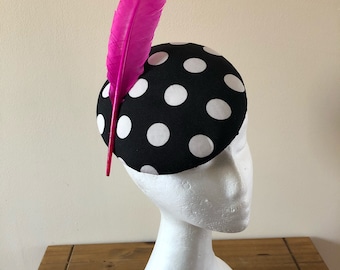 Black and white polkadot pillbox hat with different colour feathers.Polkadot fascinator.Spotty headpiece.Spotty fascinator.Wedding guest hat