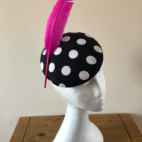 Black and white polkadot pillbox hat with different colour feathers.Polkadot fascinator.Spotty headpiece.Spotty fascinator.Wedding guest hat