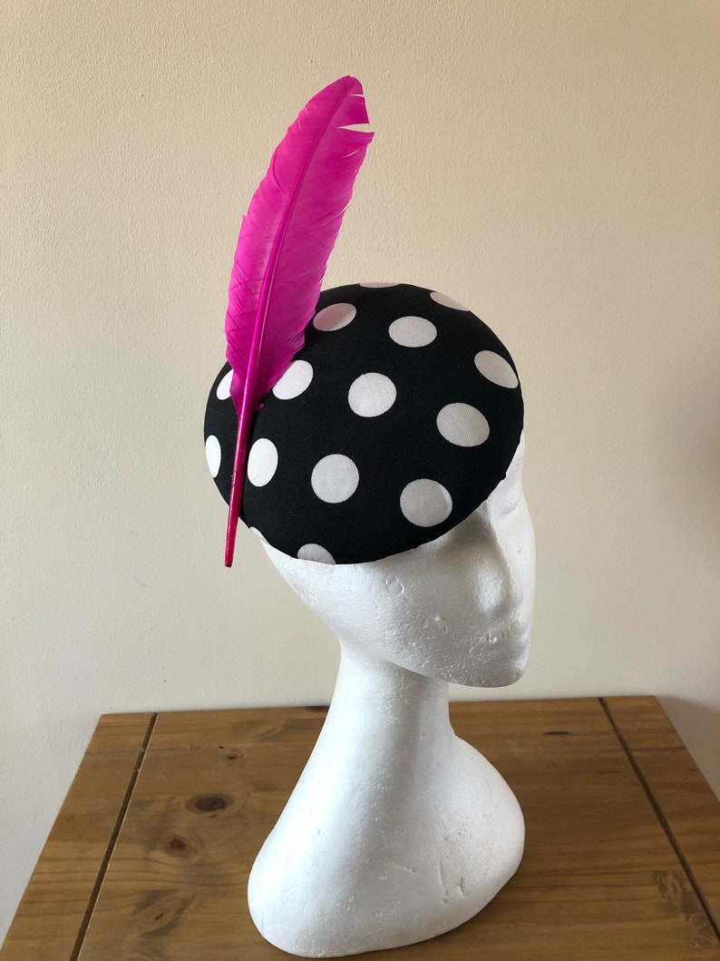 Black and white polkadot pillbox hat with different colour feathers.Polkadot fascinator.Spotty headpiece.Spotty fascinator.Wedding guest hat image 1