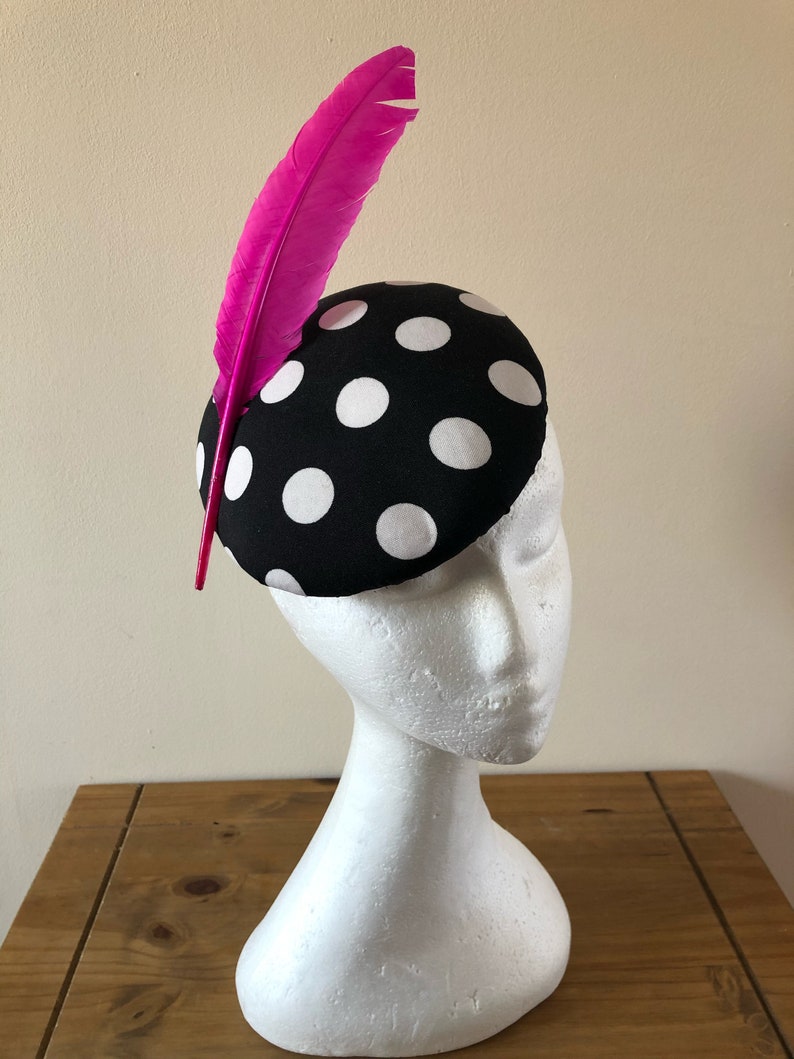 Black and white polkadot pillbox hat with different colour feathers.Polkadot fascinator.Spotty headpiece.Spotty fascinator.Wedding guest hat image 3