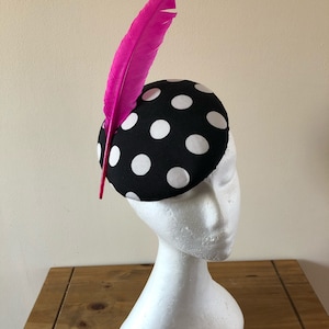 Black and white polkadot pillbox hat with different colour feathers.Polkadot fascinator.Spotty headpiece.Spotty fascinator.Wedding guest hat image 2