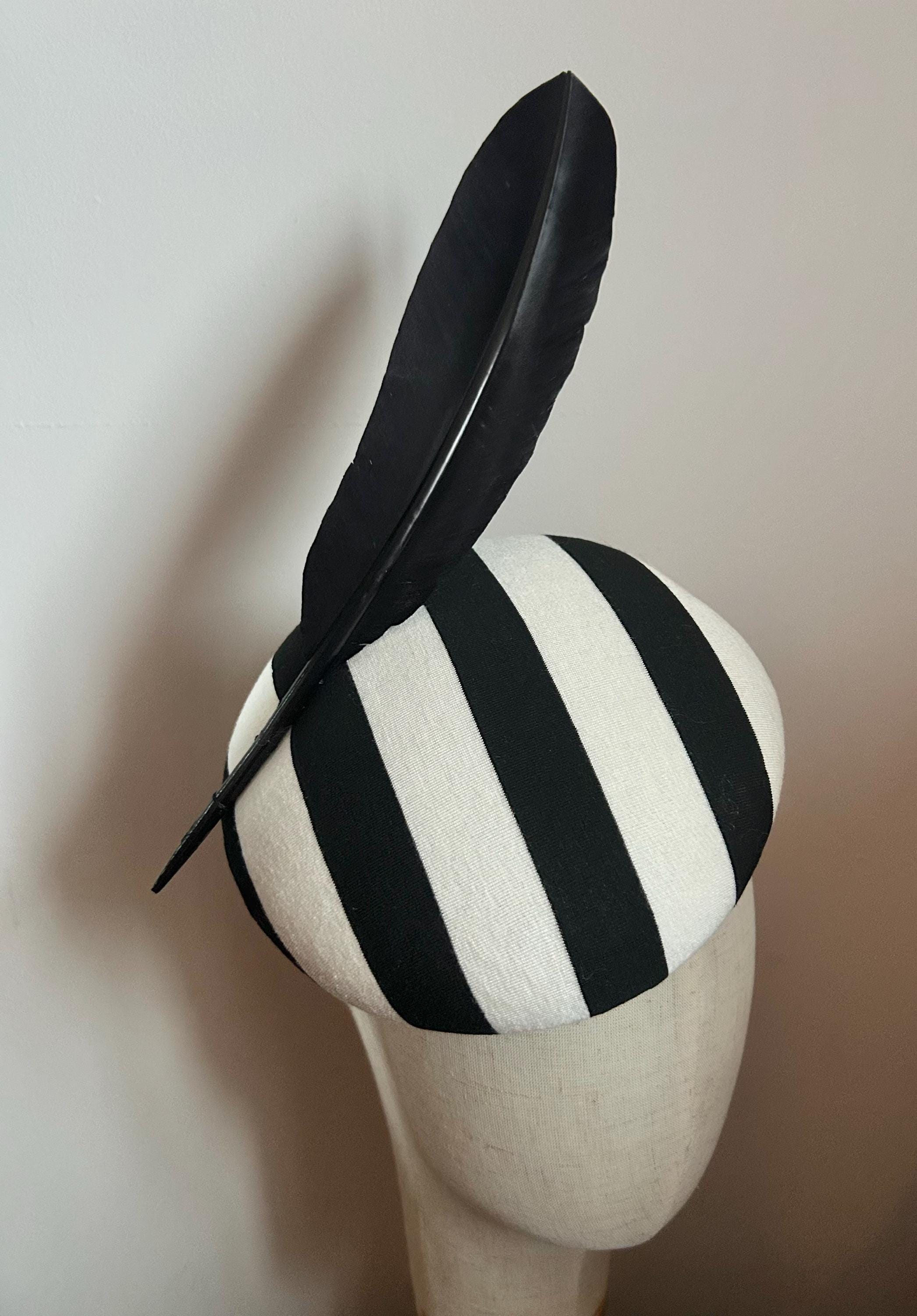 Black & Champagne Striped Pillbox Hat With Feather | Winter  display picture 2