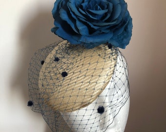 Parasisal straw occasion hat with navy Merry Widow veiling and navy flower, Navy fascinator, Hatinator, Royal ascot hat, Wedding guest hat,