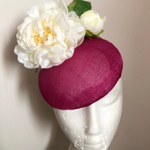 Cerise Sinamay pillbox hat with flower detail. can be made with a birdcage veil Hatinator,Royal Ascot hat, Fascinator,Occasion hat.