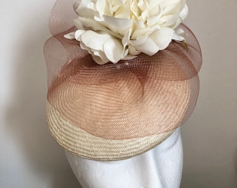 Parasisal Straw Crin twist Hatinator with a ivory silk flower and imitation pearl beads  Fascinator,Wedding guest hat,Hat for the races,