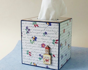 Tissue Box Cover - French Country Look - Pretty Floral Tissue over French Script - Scent Bottle Accent - Painted Edges - Gold Trim- Wood Box