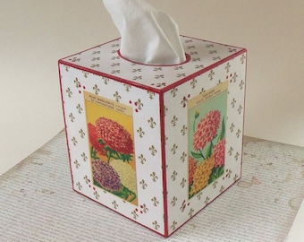 Wood Tissue Box Cover - Vintage French Flower Seed Labels over Fleur de Lis Background - Handpainted Red Trim - Pretty French Cottage Look