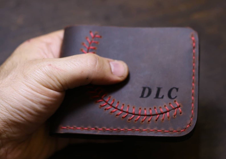 Personalized Baseball Stitch Leather Wallet Distressed Leather Wallet Mens Wallet Handmade Monogrammed Wallet Custom Wallet image 3