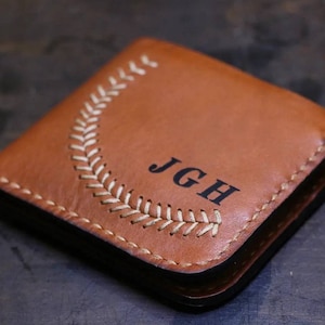 Cartera plegable de cuero con costura de béisbol personalizada para hombre, regalo para el Día del Padre, regalo de cumpleaños.