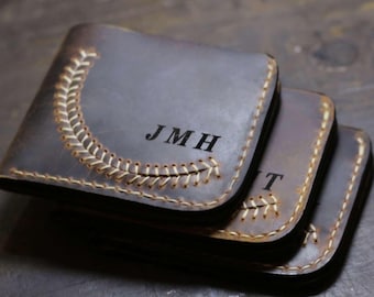 Cartera de cuero personalizada con puntada de béisbol, regalo para hombre, hecha a mano, con monograma, regalo personalizado para él, regalo del Día del Padre.