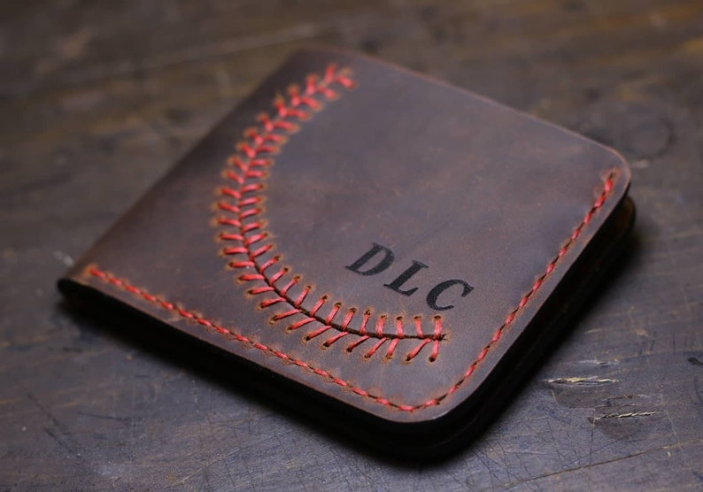 Personalized Baseball Stitch Leather Wallet Distressed Leather Wallet Mens Wallet Handmade Monogrammed Wallet Custom Wallet image 1