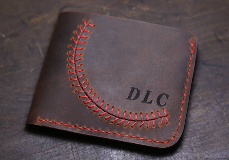 Personalized Baseball Stitch Leather Wallet Distressed Leather Wallet Mens Wallet Handmade Monogrammed Wallet Custom Wallet image 4