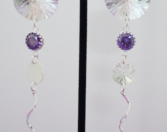 Argentium Silver Disc Dandle Earrings with Purple Zircons(10mm) & (8mm)