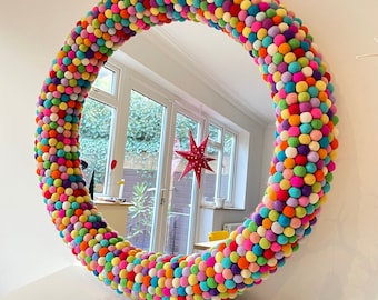 27” Rainbow Pom Pom Statement Mirror, Unique Wall Mirror. Large Round Bright Rainbow Colour Framed Mirror