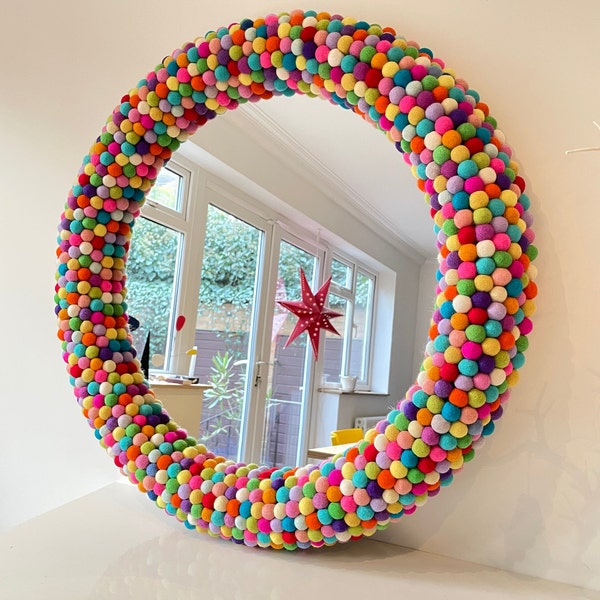 27” Rainbow Pom Pom Statement Mirror, Unique Wall Mirror. Large Round Bright Rainbow Colour Framed Mirror