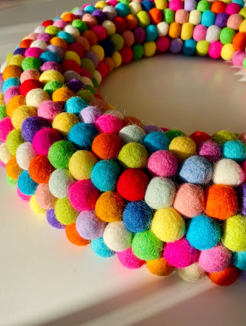 Felt Pom Pom Wreath. Felt ball Wreath. Christmas Wreath. Holiday Wreath. Rainbow Door Decor. Modern Home Decor. Modern Holiday Decor. image 6