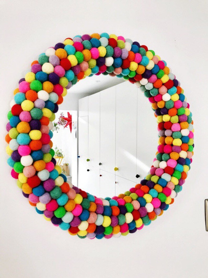 Circular Wall Mirror 44cm / 17.5 inch in bright rainbow colours. Felt Pom Pom Mirror. Felt Ball Mirror. Decorative Mirror. Nursery Mirror. image 1