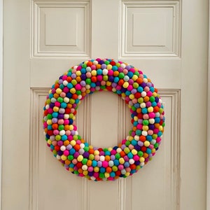 Felt Pom Pom Wreath. Felt ball Wreath. Christmas Wreath. Holiday Wreath. Rainbow Door Decor. Modern Home Decor. Modern Holiday Decor. image 7