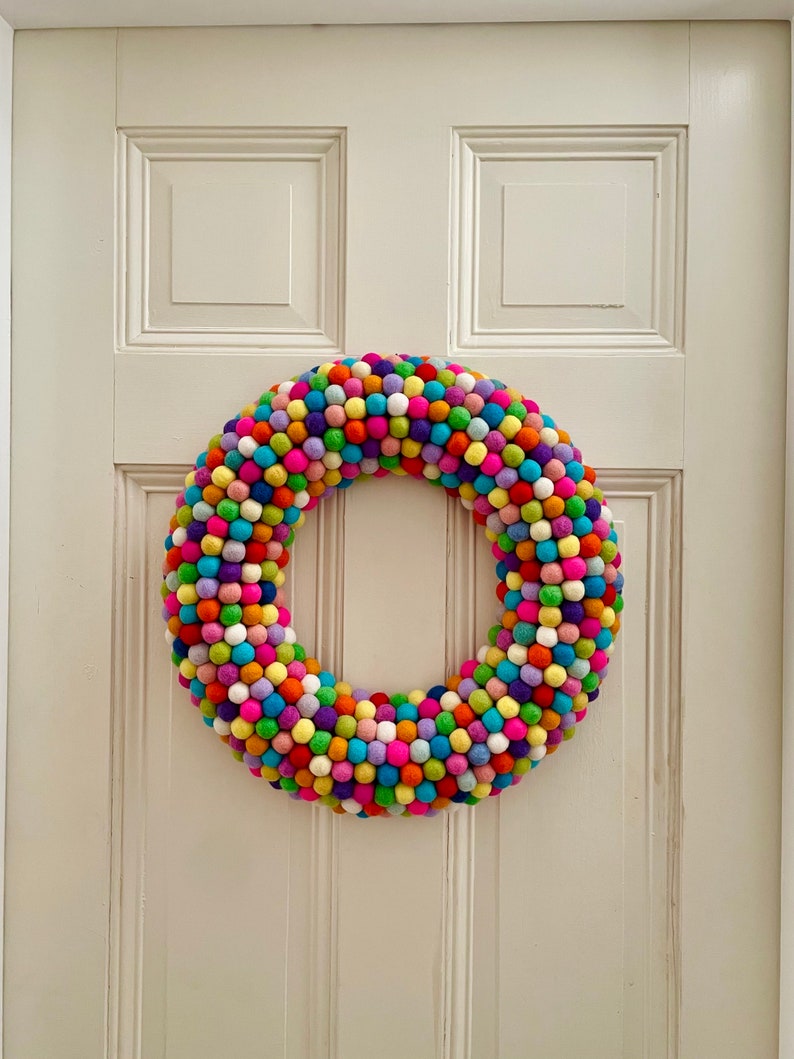 Felt Pom Pom Wreath. Felt ball Wreath. Christmas Wreath. Holiday Wreath. Rainbow Door Decor. Modern Home Decor. Modern Holiday Decor. image 7
