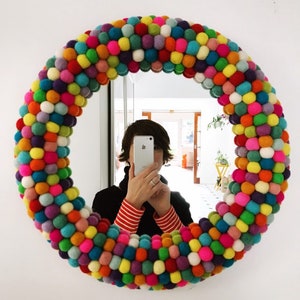 Circular Wall Mirror 44cm / 17.5 inch in bright rainbow colours. Felt Pom Pom Mirror. Felt Ball Mirror. Decorative Mirror. Nursery Mirror. image 2