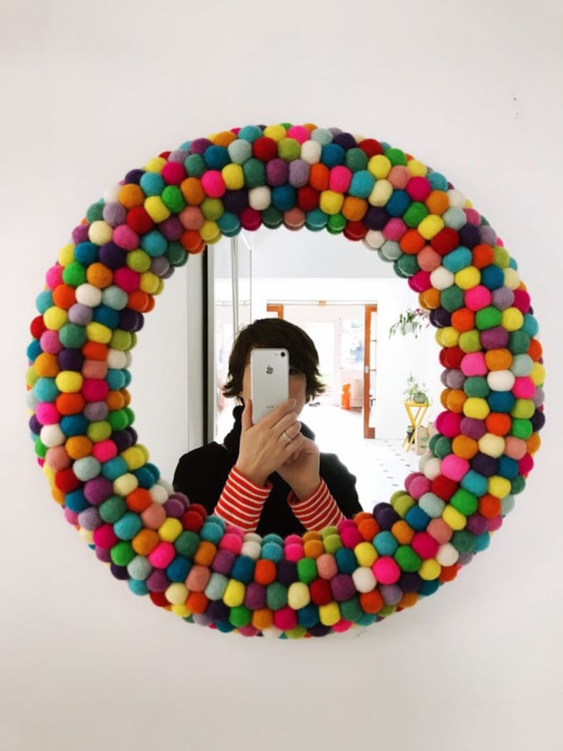 Circular Wall Mirror 44cm / 17.5 inch in bright rainbow colours. Felt Pom Pom Mirror. Felt Ball Mirror. Decorative Mirror. Nursery Mirror. image 2