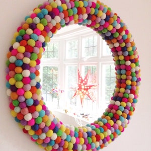 25 Large Round Wall Mirror in bright multi colours. Rainbow Mirror. Statement Mirror. Felt Pom Pom Mirror. Felt Ball Mirror. Unique Mirror. image 4