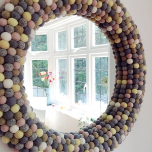 Large Round Wall Mirror. Statement Mirror. Framed Felt Ball Mirror. Decorative Mirror. Custom Mirror. Unique Wall Mirror. Neutrals