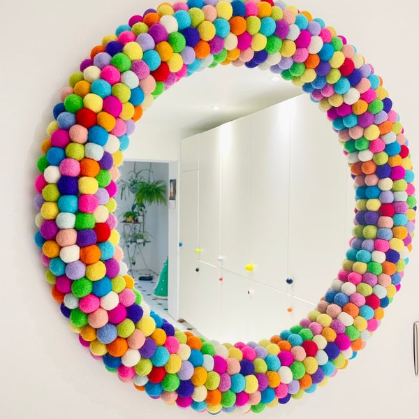 25" Large Round Wall Mirror in bright multi colours. Rainbow Mirror. Statement Mirror. Felt Pom Pom Mirror. Felt Ball Mirror. Unique Mirror.