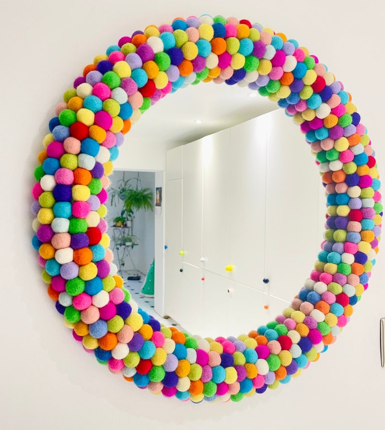 25 Large Round Wall Mirror in bright multi colours. Rainbow Mirror. Statement Mirror. Felt Pom Pom Mirror. Felt Ball Mirror. Unique Mirror. image 1