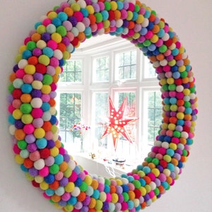 Large Round Wall Mirror. Statement Mirror. Framed Felt Ball Mirror. Decorative Mirror. Custom Mirror. Unique Wall Mirror. Multi-coloured