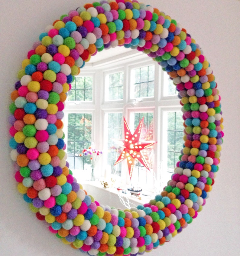 Large Round Wall Mirror. Statement Mirror. Framed Felt Ball Mirror. Decorative Mirror. Custom Mirror. Unique Wall Mirror. Multi-coloured