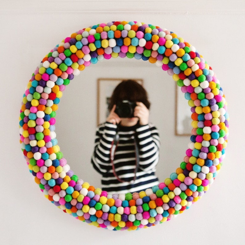 25 Large Round Wall Mirror in bright multi colours. Rainbow Mirror. Statement Mirror. Felt Pom Pom Mirror. Felt Ball Mirror. Unique Mirror. image 3