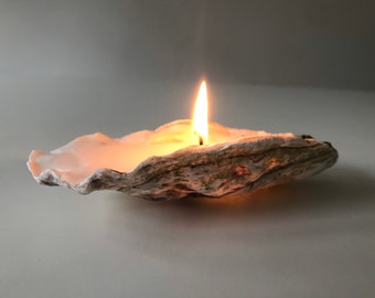 Vela de concha de ostra Whitstable, vela de concha de ostra reciclada, luz de té de vela de concha grande, vela de playa, regalo de vela de concha