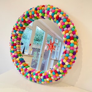 25 Large Round Wall Mirror in bright multi colours. Rainbow Mirror. Statement Mirror. Felt Pom Pom Mirror. Felt Ball Mirror. Unique Mirror. image 2