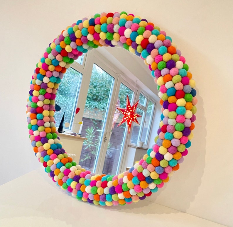 25 Large Round Wall Mirror in bright multi colours. Rainbow Mirror. Statement Mirror. Felt Pom Pom Mirror. Felt Ball Mirror. Unique Mirror. image 2