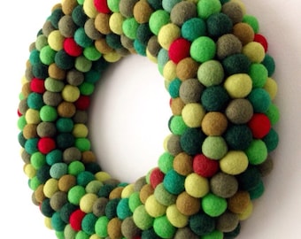 Autumn Fall Christmas Wreath. Modern Front Door Wreath. Door Decor. Felt Ball Wreath in Woodland Colours. Felt Wreath