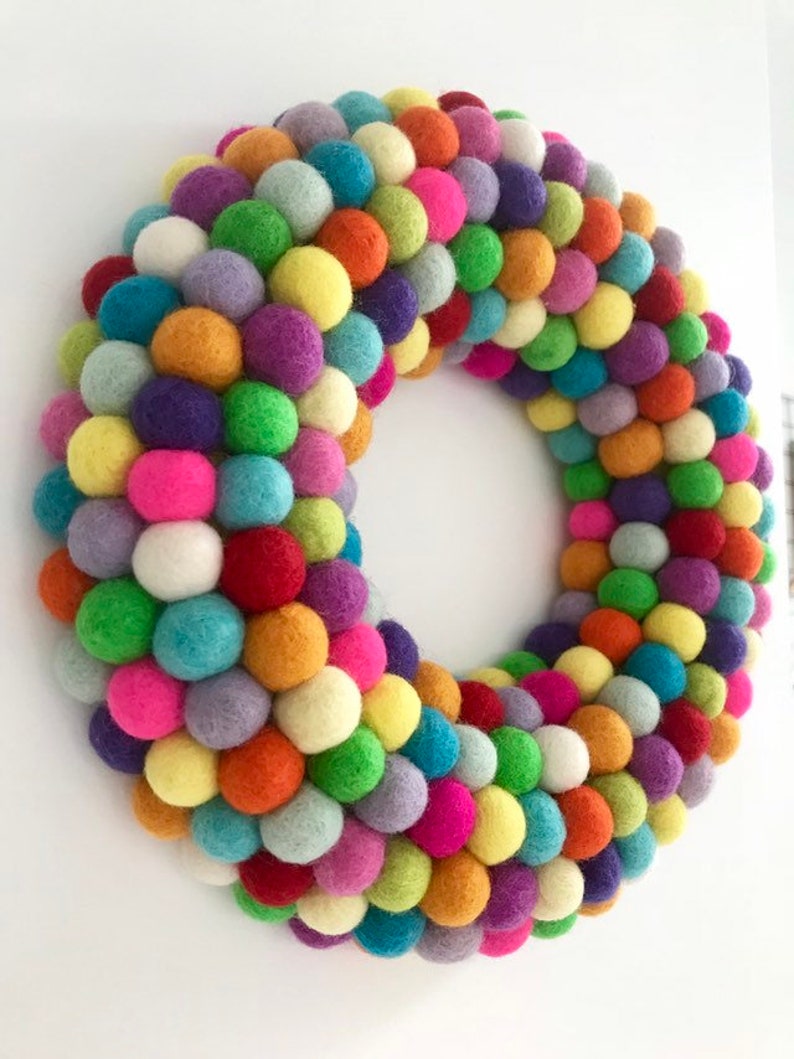 Felt Pom Pom Wreath. Felt ball Wreath. Christmas Wreath. Holiday Wreath. Rainbow Door Decor. Modern Home Decor. Modern Holiday Decor. 11.5" / 29 cm