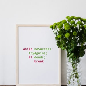 May include: A framed print with a white background and a code snippet in green and red text that reads "while noSuccess: tryAgain() if dead(): break". The print is sitting on a wooden table next to a clear glass vase with green flowers.