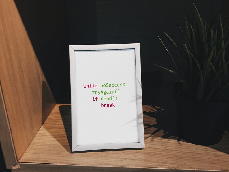 May include: A white framed picture with a motivational quote written in code: "while noSuccess tryAgain() if dead() break"