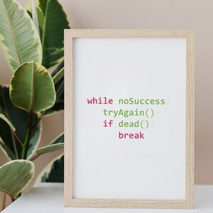 May include: A framed print with a light wood frame and a white background. The print features a code snippet that reads "while noSuccess: tryAgain() if dead(): break".