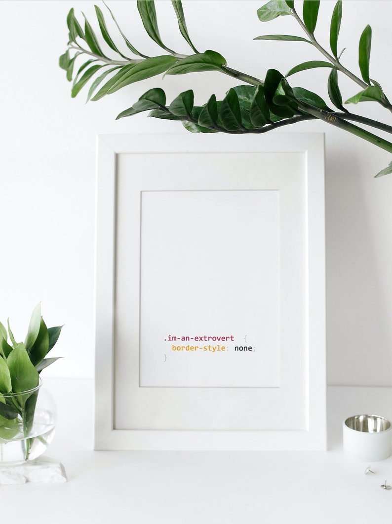 Peut inclure: Cadre blanc avec un passe-partout blanc et une impression de code qui lit '.im-an-extrovert { border-style: none; }' en texte rose, jaune et noir.