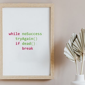 May include: A framed print with a white background and a code snippet in green and pink text. The code reads "while noSuccess: tryAgain() if dead(): break".