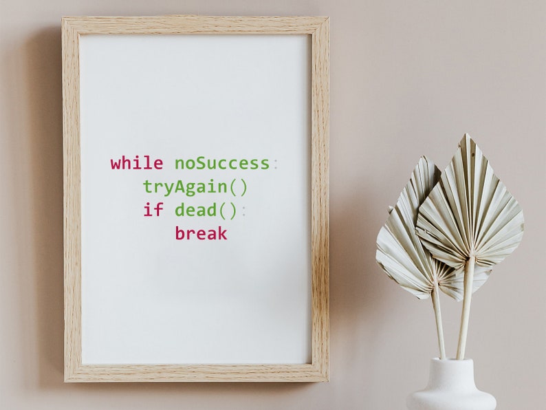 May include: A framed print with a white background and a code snippet in green and pink text. The code reads "while noSuccess: tryAgain() if dead(): break".
