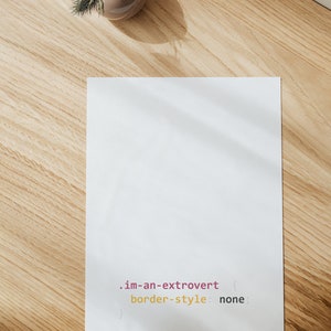 Peut inclure: Une feuille de papier blanche avec le texte ".im-an-extrovert { border-style: none }" &eacute;crit en rose et jaune sur une surface en bois.
