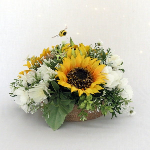 Sunflower Centerpiece, Yellow and White Bouquet, Faux Flowers, Sunflower Baby's Breath, Bridal Shower Flowers, Bees, In Stock and Custom